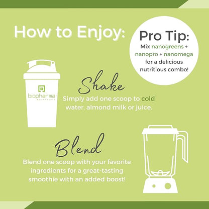 Biopharma Scientific Nanogreens+Probiotic: Greens Superfood Fruit & Vegetable Powder Smoothie Mix & 5 Billion Probiotics for Digestive Health with Spirulina, Chlorella, Strawberry Flavor, 30 Servings