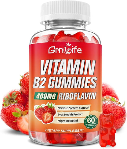 Vitamin B2 Gummies, Riboflavin 400mg with Magnesium for Kids & Adults, B2 Gummies for Migraine Relief & Energy Support, Strawberry Flavor, 60 Count