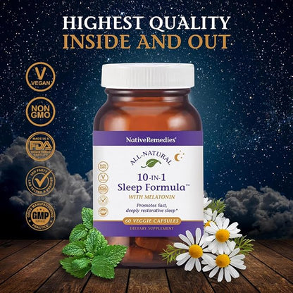 Native Remedies 10-in-1 Formula Natural Sleep Aid for Adults & Kids 4+ - Sleep Supplement with Melatonin 5mg, Magnesium, Valerian Root, Chamomile – Sleeping Aid Support, Non-GMO, Vegan - 60 Capsules