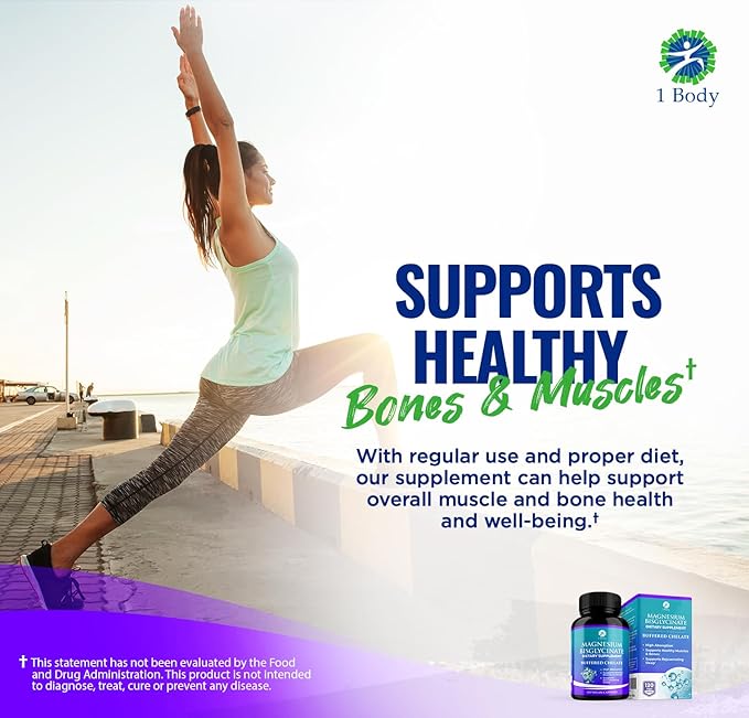 1 Body Magnesium Bisglycinate Supplement, 44 mg Pure Chelated Formula, 120 Capsules, Maximum Absorption, Muscle Cramp Relief