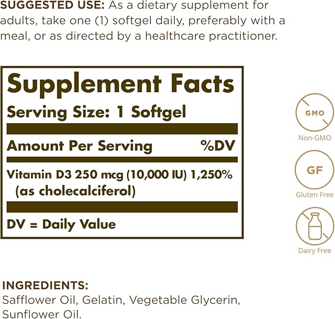SOLGAR Vitamin D3 (Cholecalciferol) 250 MCG (10,000 IU), 120 Softgels - 2 Pack - Helps Maintain Healthy Bones & Teeth - Immune System Support - Non-GMO, Gluten Free, Dairy Free - 120 Servings