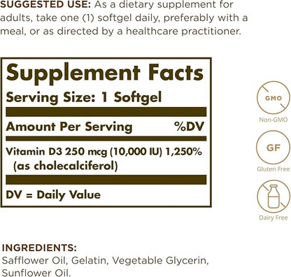 SOLGAR Vitamin D3 (Cholecalciferol) 250 MCG (10,000 IU), 120 Softgels - 2 Pack - Helps Maintain Healthy Bones & Teeth - Immune System Support - Non-GMO, Gluten Free, Dairy Free - 120 Servings