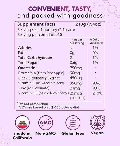BIO VITALICA Quercetin Gummies by BioVitalica - Quercetin with Bromelain Vitamin C and Zinc & Elderberry + Vitamin D3-5 in 1 Immune Support - Zinc Quercetin 750 mg for Kids and Adults (1)