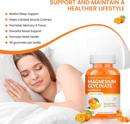 Magnesium Glycinate Gummies 1000mg - 90 Ct | Magnesium Potassium Supplements for Relaxation, Stress Relief, with Vitamin D, B6, CoQ10 for Calm Mood & Sleep Support - Orange Gummies