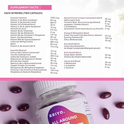 Briyo All Around Women - 38 nutrients (Essential Vitamins, Minerals, Natural extracts, Amino acids, Primrose Oil) - 90 Capsules