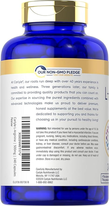 Carlyle L-Arginine 500mg Capsules | 240 Count | Free Form | Non-GMO & Gluten Free Supplement