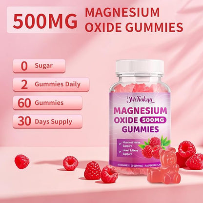 Magnesium Oxide Gummies 500mg, Sugar Free Chewable Magnesium Oxide Supplement for Adults & Kids, Nerve Support & Energy Boost, Non-GMO, Raspberry Flavor, 120 Count