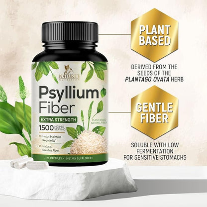 Psyllium Husk Fiber Supplement 1500mg, Natural Daily Soluble & Insoluble Fiber Pills, Psyllium Husk Powder Capsules Supports Digestion Colon Health & Regularity, Plant Based Supplement - 120 Capsules