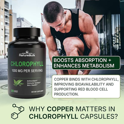Chlorophyll Capsules 1000mg - 100% Natural Potency Concentration for Women & Men, Gut Health, Skin Support - Natural Energy Booster, 120 Capsules