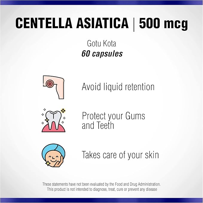 Centella Asiatica 500 mg 60 Capsules by Natural Systems - Gotu Kola Herb Moisturizer for Your Skin - Extract Also Beneficial for Calming Mind Tiredness