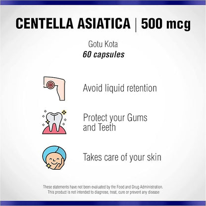 Centella Asiatica 500 mg 60 Capsules by Natural Systems - Gotu Kola Herb Moisturizer for Your Skin - Extract Also Beneficial for Calming Mind Tiredness