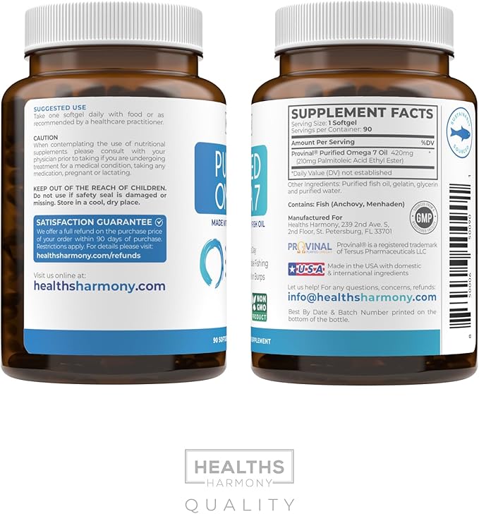 Purified Omega 7 Softgels (3 Month Supply) More Omega 7 & Less Palmitic Acid Than Sea Buckthorn Oil - Provinal Sustainable Peruvian Anchovy Fish Oil Supplement - Non-GMO & Gluten Free - 90 Capsules