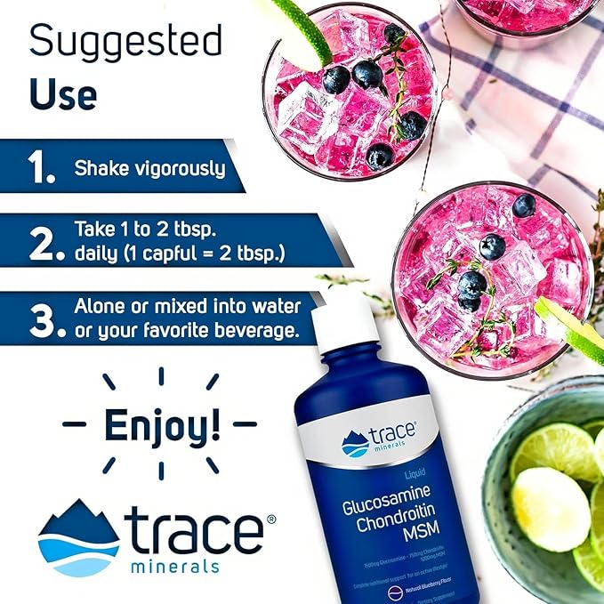 Trace Minerals Glucosamine/Chondroitin/MSM - Liquid Supplement Aids Body Mineral Health - Support for Bone Strength & Joint Health - Mobility Support Supplement - Natural Blueberry Flavor, 32 fl oz