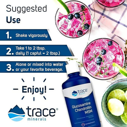 Trace Minerals Glucosamine/Chondroitin/MSM - Liquid Supplement Aids Body Mineral Health - Support for Bone Strength & Joint Health - Mobility Support Supplement - Natural Blueberry Flavor, 32 fl oz