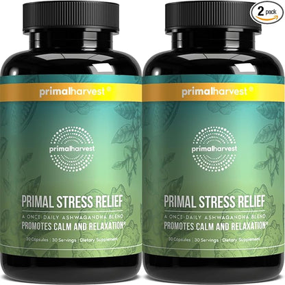 Primal Harvest Stress Relief Supplement for Women and Men Pure Ashwagandha Root Extract, L-Theanine Supplements, 60 Capsules