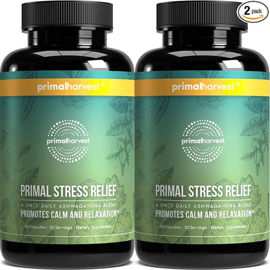 Primal Harvest Stress Relief Supplement for Women and Men Pure Ashwagandha Root Extract, L-Theanine Supplements, 60 Capsules