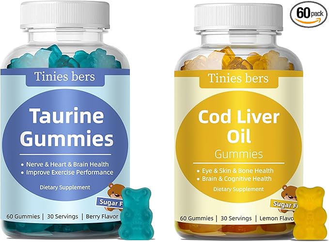 Taurine Gummies 1000mg, Cod Liver Oil Gummies 1000mg, Sugar Free for Adults and Kids, Amino acids, Omega-3s & Vitamin A&D for Cognitive, Heart & Eye Health, Boost Immune