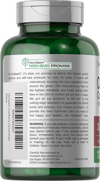Horbäach Cranberry Concentrate Extract Pills + Vitamin C | 30,000mg | 120 Capsules | Triple Strength Ultimate Potency Formula | Non-GMO and Gluten Free Supplement