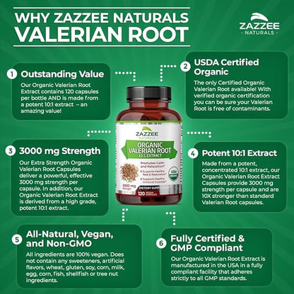 Zazzee USDA Organic Valerian Root 10:1 Extract, 3000 mg Strength, 120 Vegan Capsules, 4 Month Supply, Valeriana officinalis, 10X Potency, 100% Vegetarian, All-Natural, Non-GMO, Made in The USA