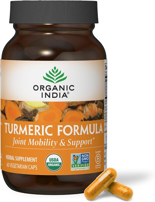ORGANIC INDIA Turmeric Curcumin with Black Pepper - Organic Turmeric & Curcumin Supplement, Joint & Immune System Support, Whole Root - 60 Capsules
