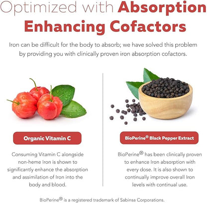 Organic Iron Supplement | Whole Food Iron & Cofactors, 25 mg Elemental Iron | Enhanced Absorption Plus Blood Builder Vitamins - Gentle Form - Support Healthy Iron Level & Blood Health - 90 Capsules