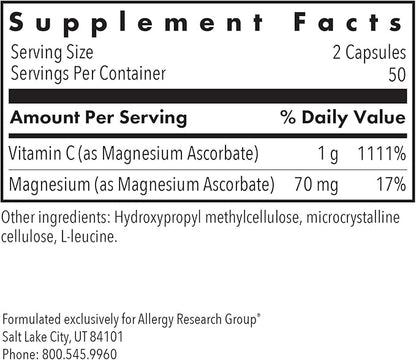 Allergy Research Group Magnesium Ascorbate Supplement - 1000mg Buffered Vitamin C, Immune Support, Magnesium Powder, Vegetarian Capsules - 100 Count