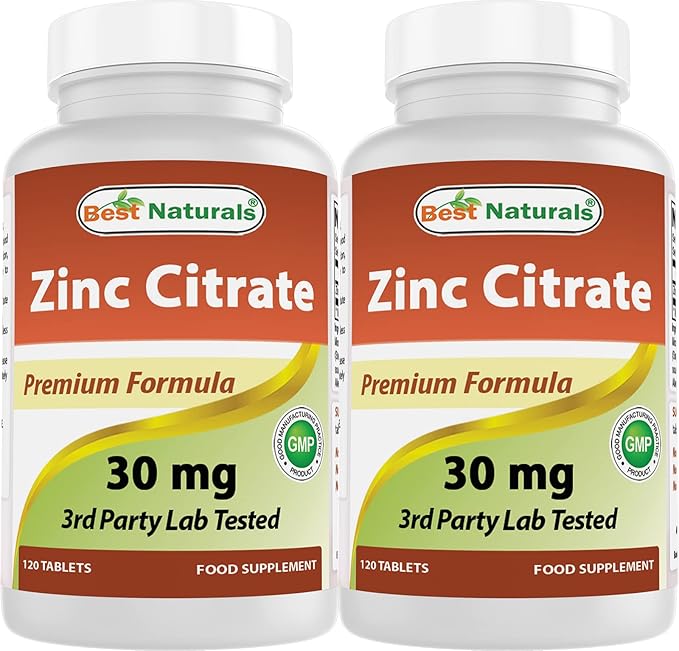 Best Naturals Zinc 30mg Supplements (as Zinc Citrate) - zinc Vitamins for Adults Immune Support - 120 Tablets (120 Count (Pack of 2))