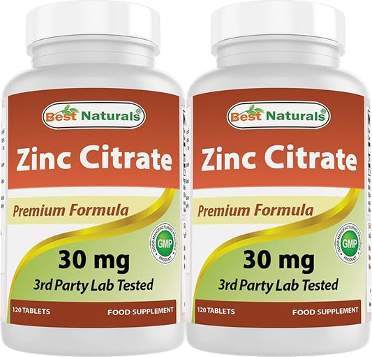 Best Naturals Zinc 30mg Supplements (as Zinc Citrate) - zinc Vitamins for Adults Immune Support - 120 Tablets (120 Count (Pack of 2))