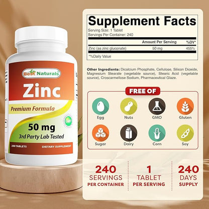 Best Naturals Zinc Supplement as Zinc Gluconate 50mg 240 Tablets Pack of 3