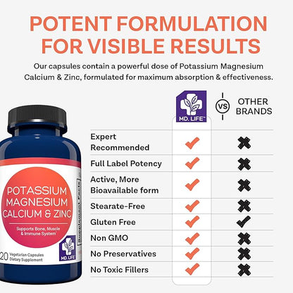 MD. Life Potassium Magnesium Zinc Calcium Supplement – Supports Bone Health & Muscle Health – Promotes Calcium Absorption and Immune Function – Magnesium Potassium Zinc Aspartate - 120 Capsules