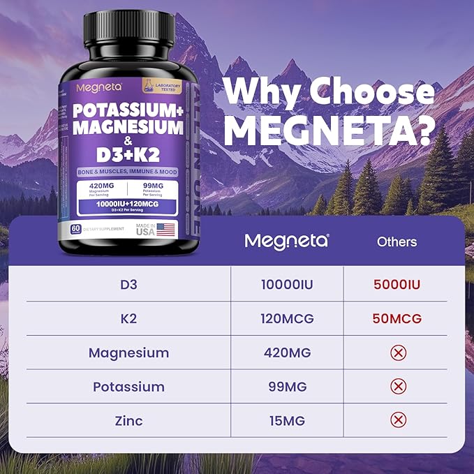 Magnesium Potassium Vitamin D3 K2 10000IU+120MCG Supplement - Supports Bone, Heart, Immune Health, Mood Balance & Energy for Women & Men - Enhanced Absorption, Non-GMO - 60 Capsules
