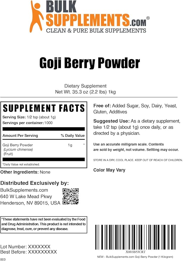 BulkSupplements.com Wolfberry Extract Powder - Goji Berry Supplements, Goji Berry Extract, Herbal Supplement, Gluten Free, 1000mg per Serving, 1kg (2.2 lbs) (Pack of 1)