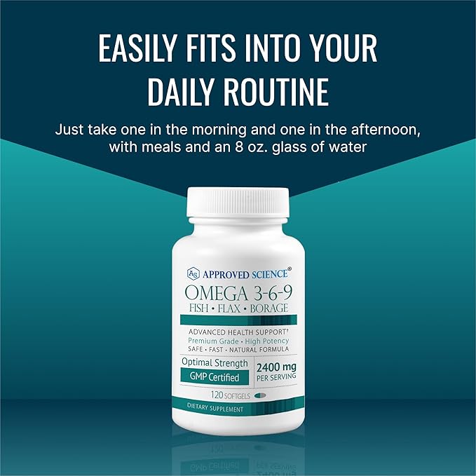 Approved Science Omega 3-6-9-2400mg Daily Blend of Fish, Flaxseed, and Borage Oils with Vitamin E - Wellness Support - Non-GMO, Mercury-Free - 120 Softgels - 2 Month Supply