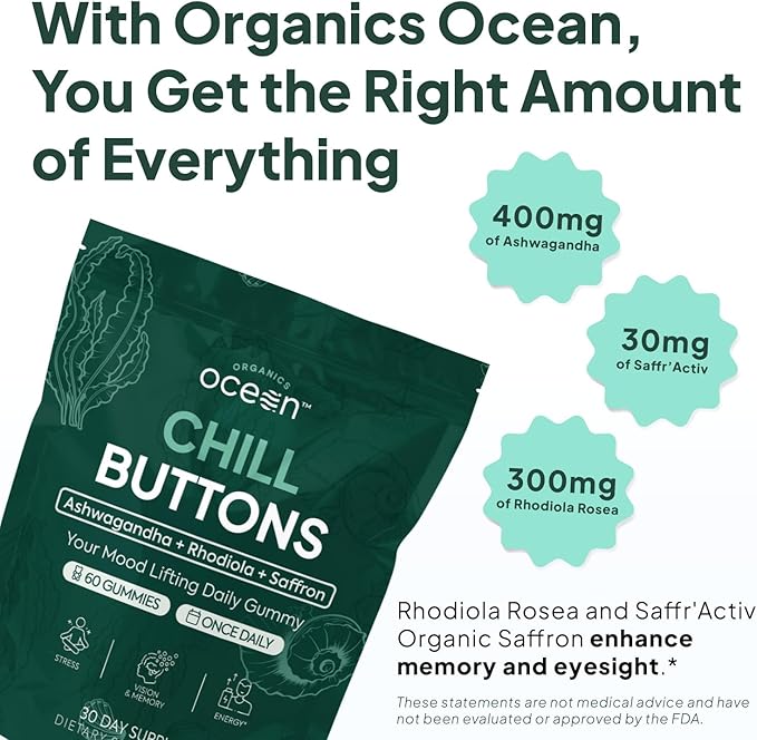 Chill Buttons - Organic Ashwagandha Reduces Tension, Enhances Memory and Vision, and Brightens Mood - Contains Ashwagandha KSM-66, Rhodiola Rosea, and Organic Saffron