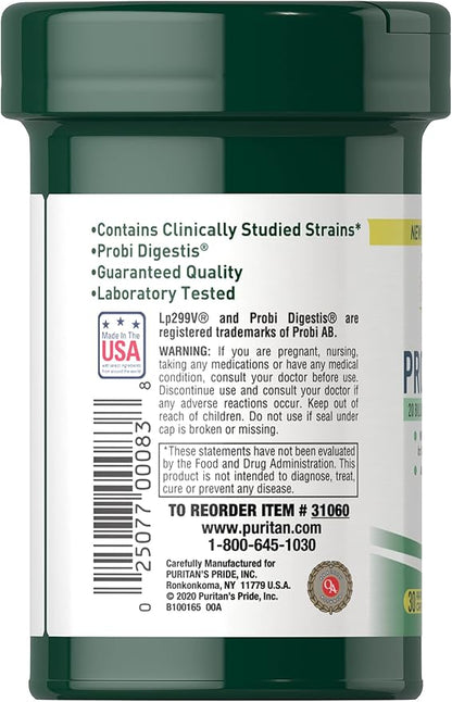 Puritan's Pride Premium Probiotic 10, 20 Billion CFU Clinically Studied Culture Strains, Dietary Supplement for Digestive, Gut, and Immune Health, 1 Month Supply, 30 Rapid Release Capsules