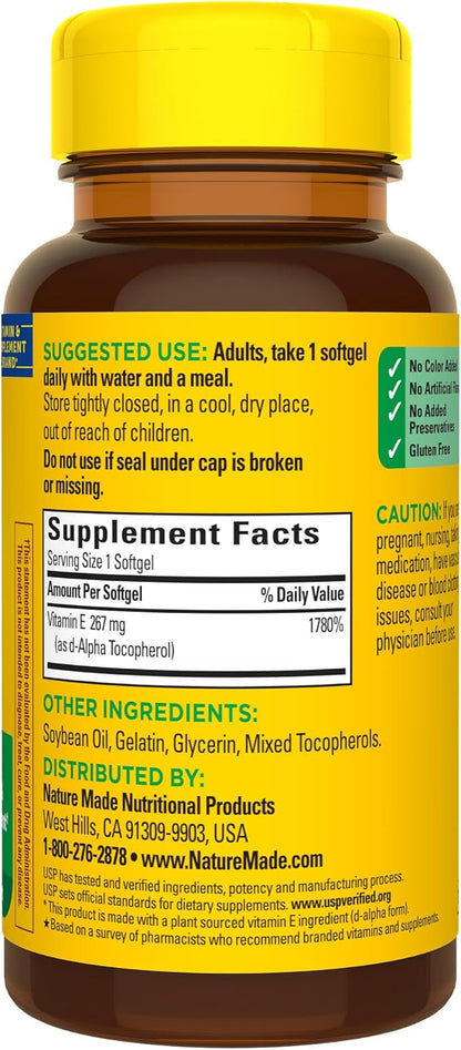 Nature Made Vitamin E 267 mg (400 IU) d-Alpha, Dietary Supplement for Antioxidant Support, 100 Softgels, 100 Day Supply