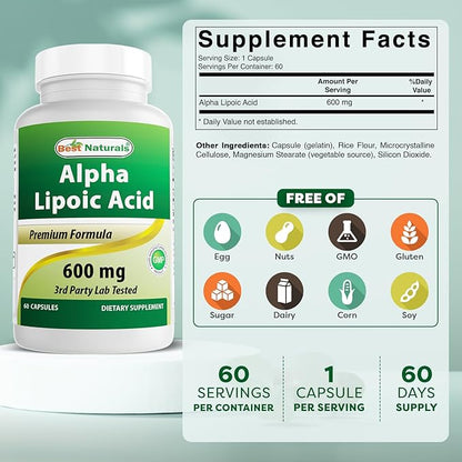 Best Naturals Alpha Lipoic Acid 600 mg 60 Capsules - ALA Powerful Antioxidant (60 Count (Pack of 1))