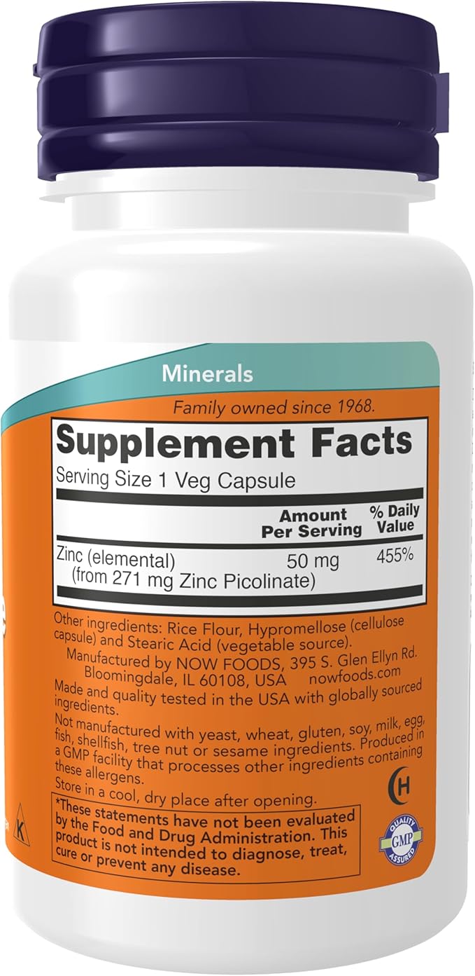 NOW Foods Supplements, Zinc Picolinate 50 mg, Supports Enzyme Functions*, Immune Support*, 30 Veg Capsules