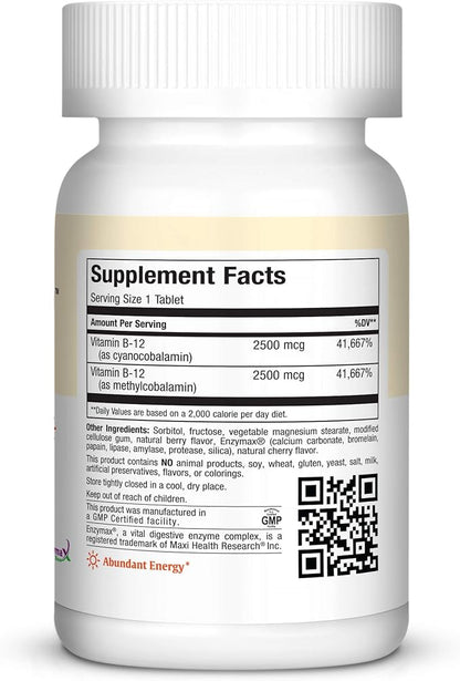 Maxi Health Chewable Vitamin B-12 - 5000 mcg - Energy Booster - Berry Flavor - 60 Chewies - Kosher