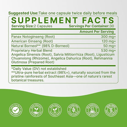 Heart & Brain Support - Inspired by Chinese Herbal Wisdom - A Circulation Supplement for Heart Health, Memory and Focus - with Notoginseng & Salvia - Made in USA - 60 Vegan Capsules