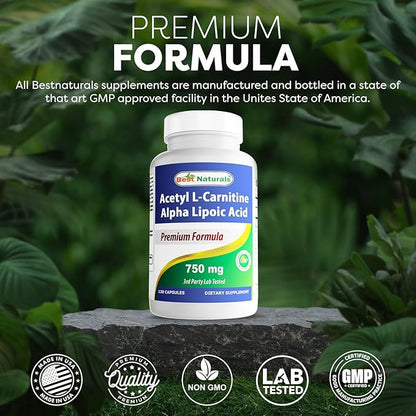 Best Naturals Acetyl L-Carnitine and Alpha Lipoic Acid 750 mg 120 Capsules