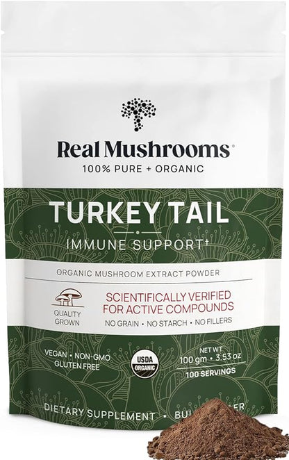 Real Mushrooms Turkey Tail Powder - Organic Mushroom Supplement with Potent Extract for Gut, Energy, Brain, Immune Support Vegan Powder, Non-GMO, 100 Servings