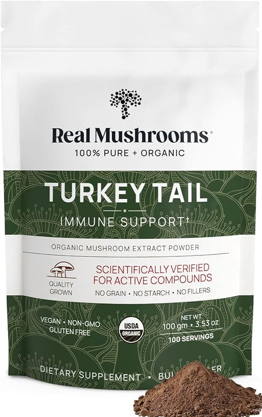 Real Mushrooms Turkey Tail Powder - Organic Mushroom Supplement with Potent Extract for Gut, Energy, Brain, Immune Support Vegan Powder, Non-GMO, 100 Servings