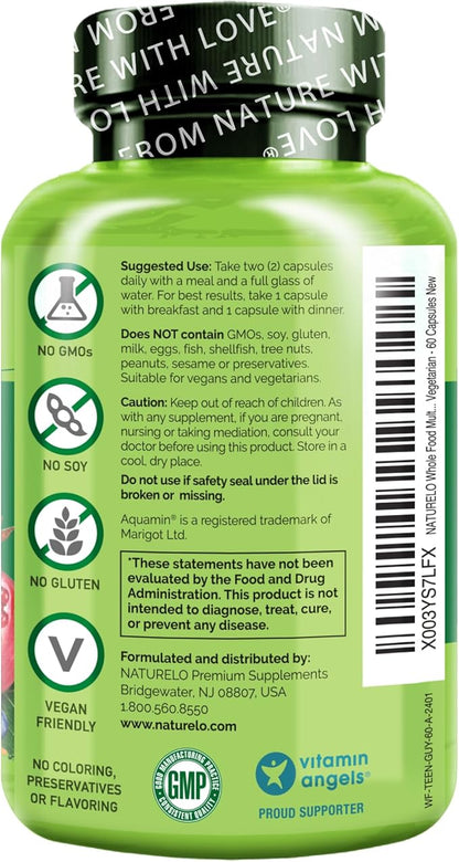 NATURELO Teen Multivitamin - Whole Food Multivitamin for Teenage Boys - Minerals Supplement for Active Kids - with Plant Extracts - Non-GMO - Vegan & Vegetarian - 60 Capsules (Pack of 2)