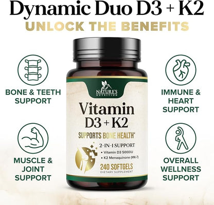 Vitamin D3 K2, 5000 IU Vitamin D3 & 100 mcg Vitamin K2 MK-7 Supplement Supports Immune Health, Bone, Heart & Calcium Absorption - Extra Virgin Olive Oil Softgel, Vitamins D & K Complex - 240 Softgels