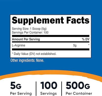 Nutricost L-Arginine Powder 500 Grams (1.1lbs) - Pure L-Arginine Powder - 5000mg Per Serving; 100 Servings