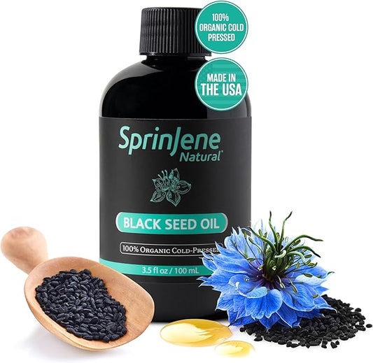SprinJene Natural® 100% Pure Organic Black Seed Oil Cold Pressed for Oral Wellness, Nigella Sativa Black Seed Oil, Black Cumin Seed Oil Organic, Omega 3 6 9, Nourishes Skin, Supports Joint, 3.5 fl oz