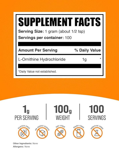 BulkSupplements Pure L-Ornithine HCL Powder (100 grams)