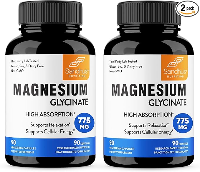 Sandhu's Superior Absorption Magnesium Glycinate 775mg|140mg Elemental Magnesium Capsules|90 Count (Pack of 2), 180 Days Supply|Supports Restful Sleep, Nerve, Muscle, Bone, Heart Health