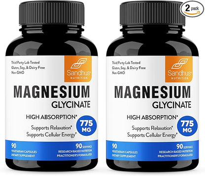 Sandhu's Superior Absorption Magnesium Glycinate 775mg|140mg Elemental Magnesium Capsules|90 Count (Pack of 2), 180 Days Supply|Supports Restful Sleep, Nerve, Muscle, Bone, Heart Health